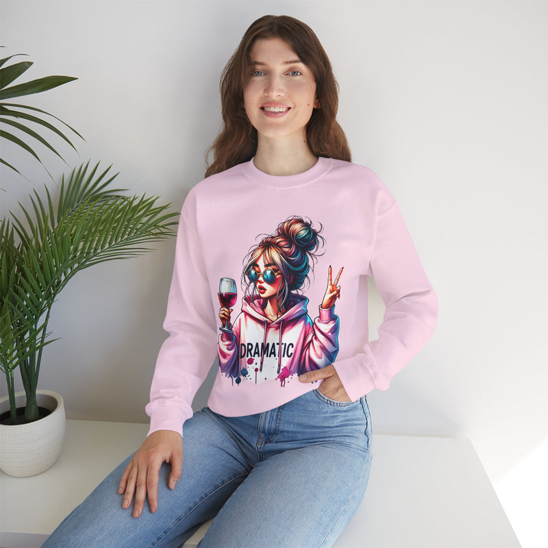 Dramatic Girl With Wine Messy Bun Peace Sign – Gildan Heavy Blend | Trendy Women’s Soft Sweatshirt. Direct to Garment. Printed & Shipped in the USA. Unisex Sizes.