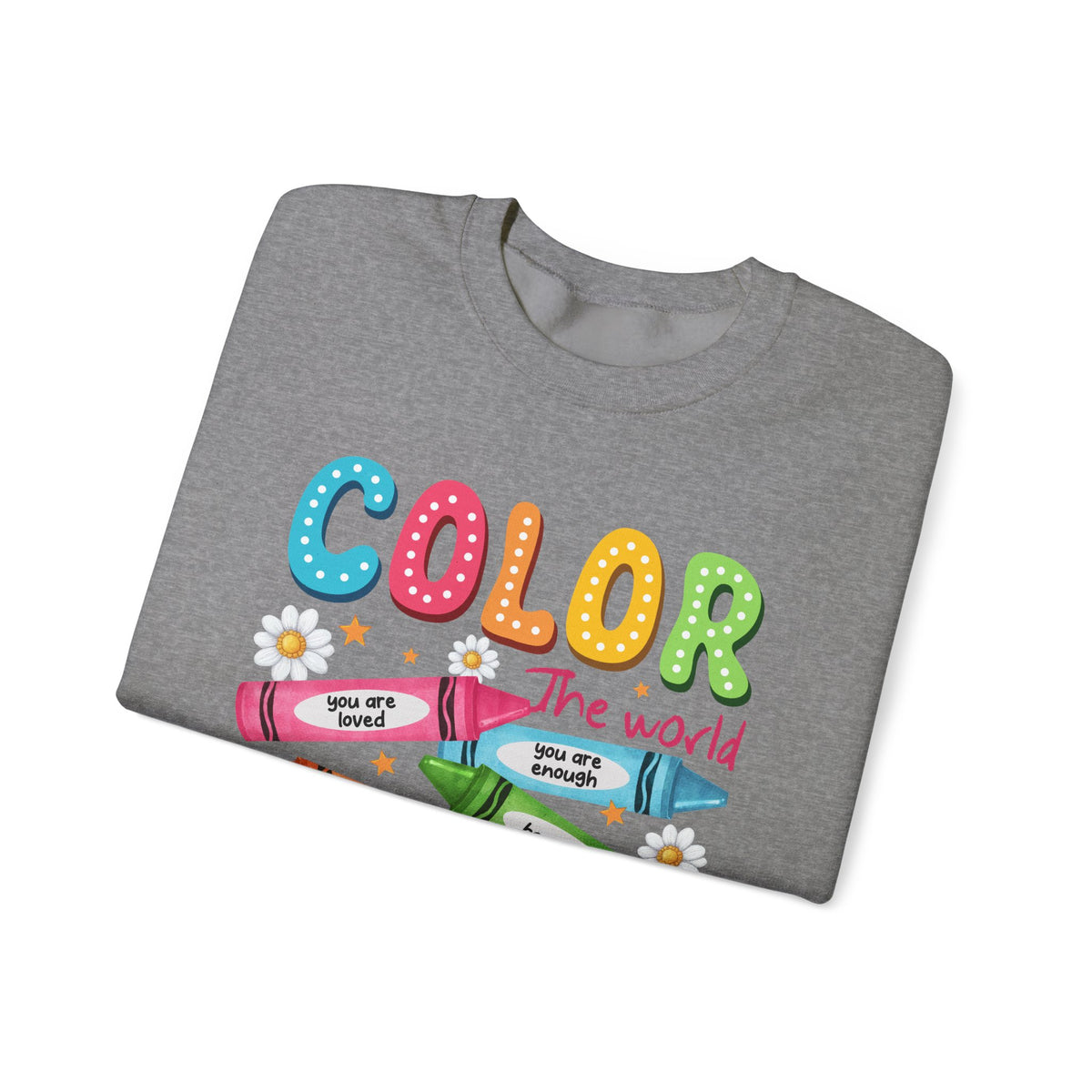 Color the World With Kindness Crayons, Great Teacher Gift – Gildan Heavy Blend | Trendy Women’s and Men's Soft Sweatshirt. Direct to Garment. Printed & Shipped in the USA. Unisex Sizes.