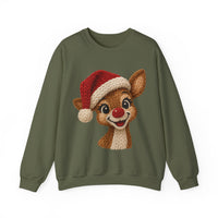 Cute Rudolph Faux Knit Look Reindeer w/Santa Hat – Gildan Heavy Blend | Trendy Women’s Soft Sweatshirt. Direct to Garment. Printed & Shipped in the USA. Unisex Sizes.