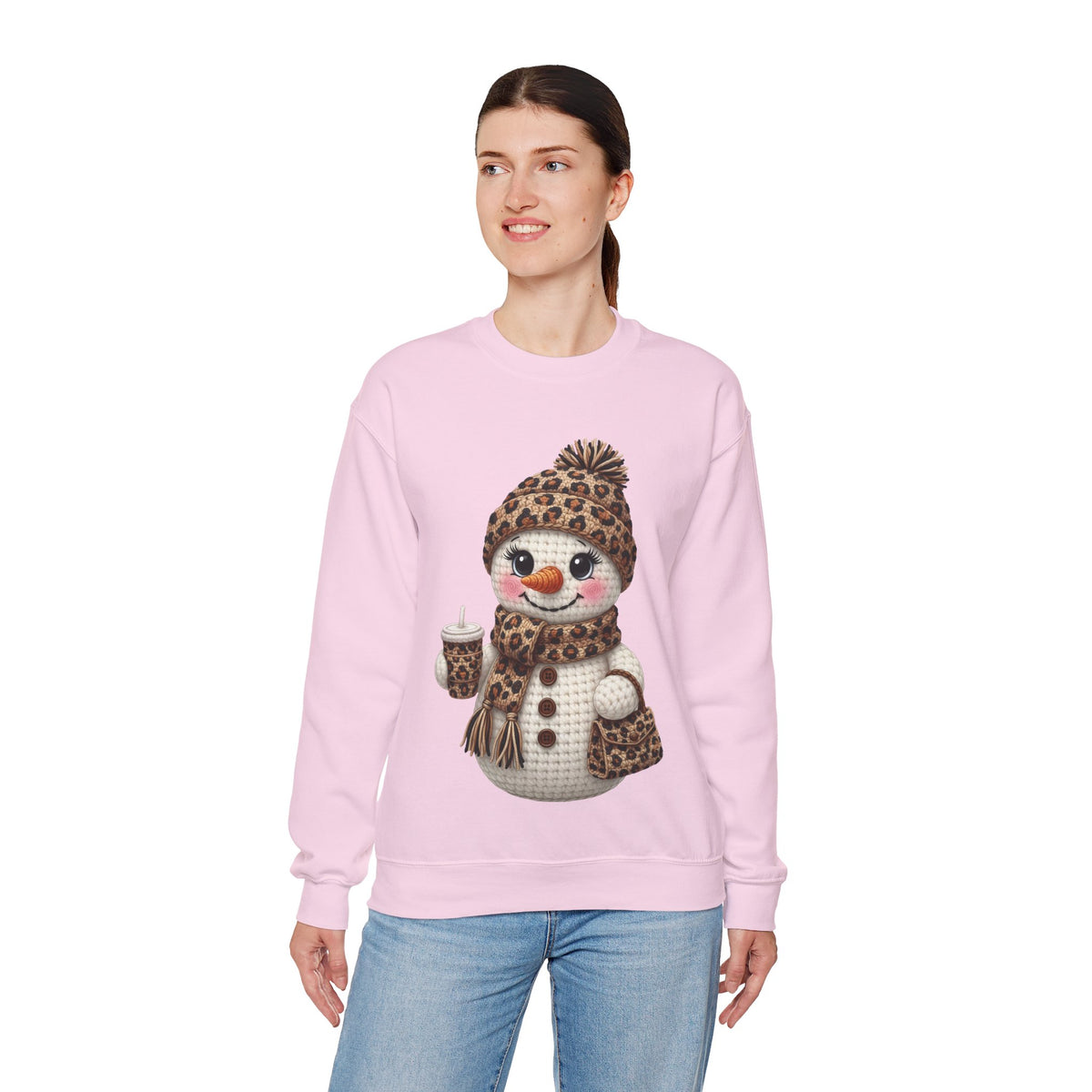 Leopard Snowman - Leopard Purse, Drink, Hat & Scarf – Gildan Heavy Blend | Trendy Women’s Soft Sweatshirt. Direct to Garment. Printed & Shipped in the USA. Unisex Sizes.