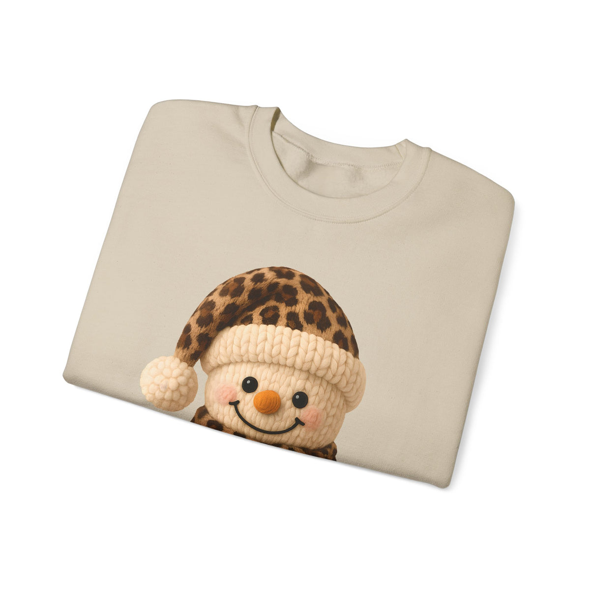 Cute Leopard Faux Knit Snowman Winter – Gildan Heavy Blend | Trendy Women’s Soft Sweatshirt. Direct to Garment. Printed & Shipped in the USA. Unisex Sizes.