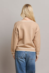 Alisha V-Neck (Beige) Contrast Trim Sweater w/Pockets