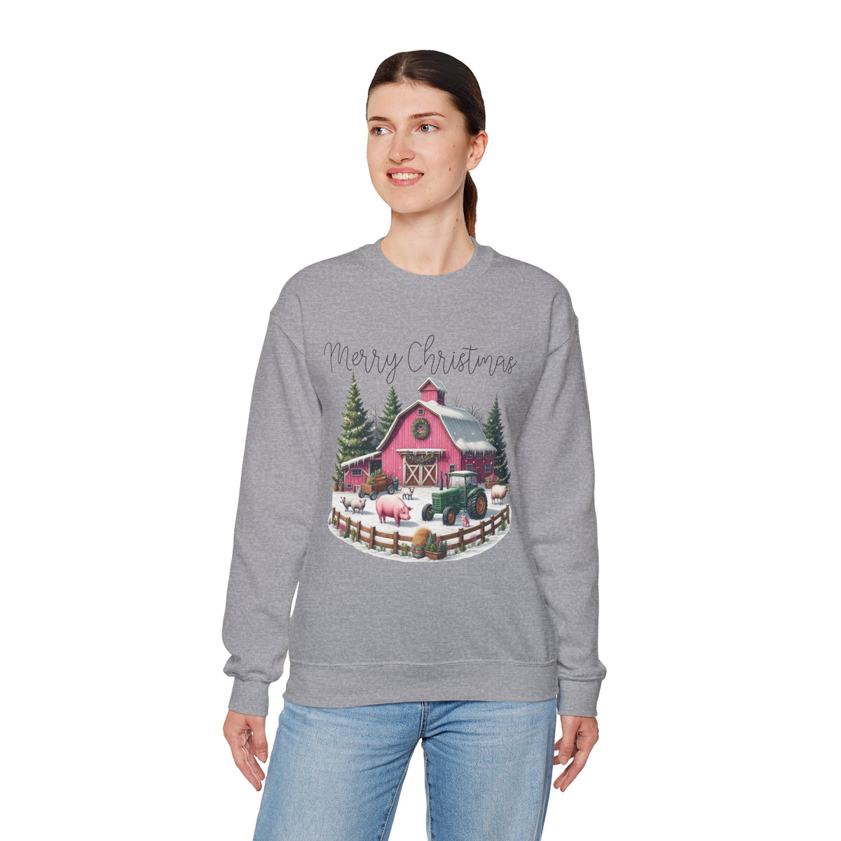 Merry Christmas Pink Barn Farm Animals – Gildan Heavy Blend | Trendy Women’s Soft Sweatshirt. Direct to Garment. Printed & Shipped in the USA. Unisex Sizes.