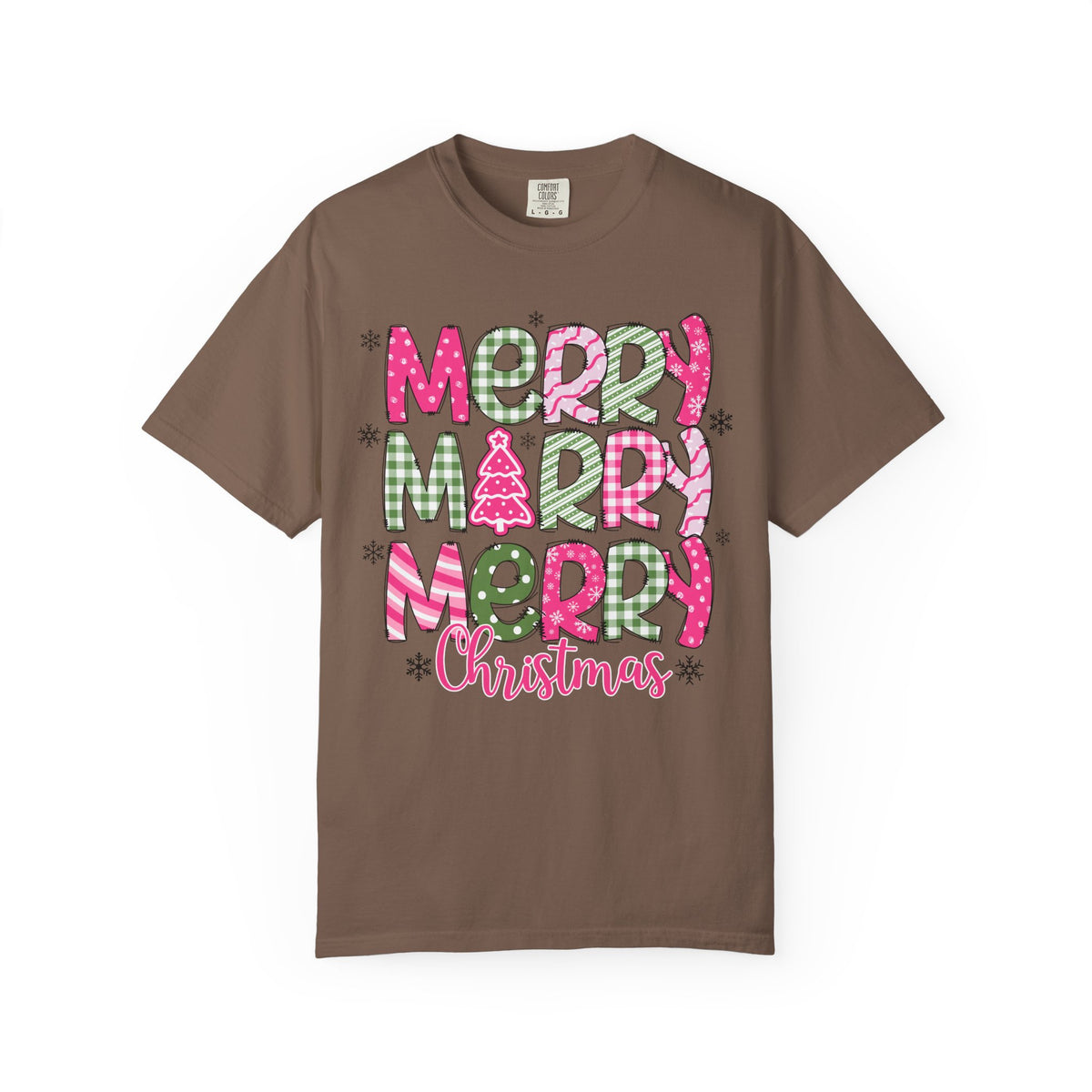 Merry Merry Merry Christmas, Festive Candy Cane & Pink and Green Plaid - Comfort Colors | Trendy Women's T-Shirt. Direct to Garment. Printed & Shipped in the USA. Unisex Sizes.