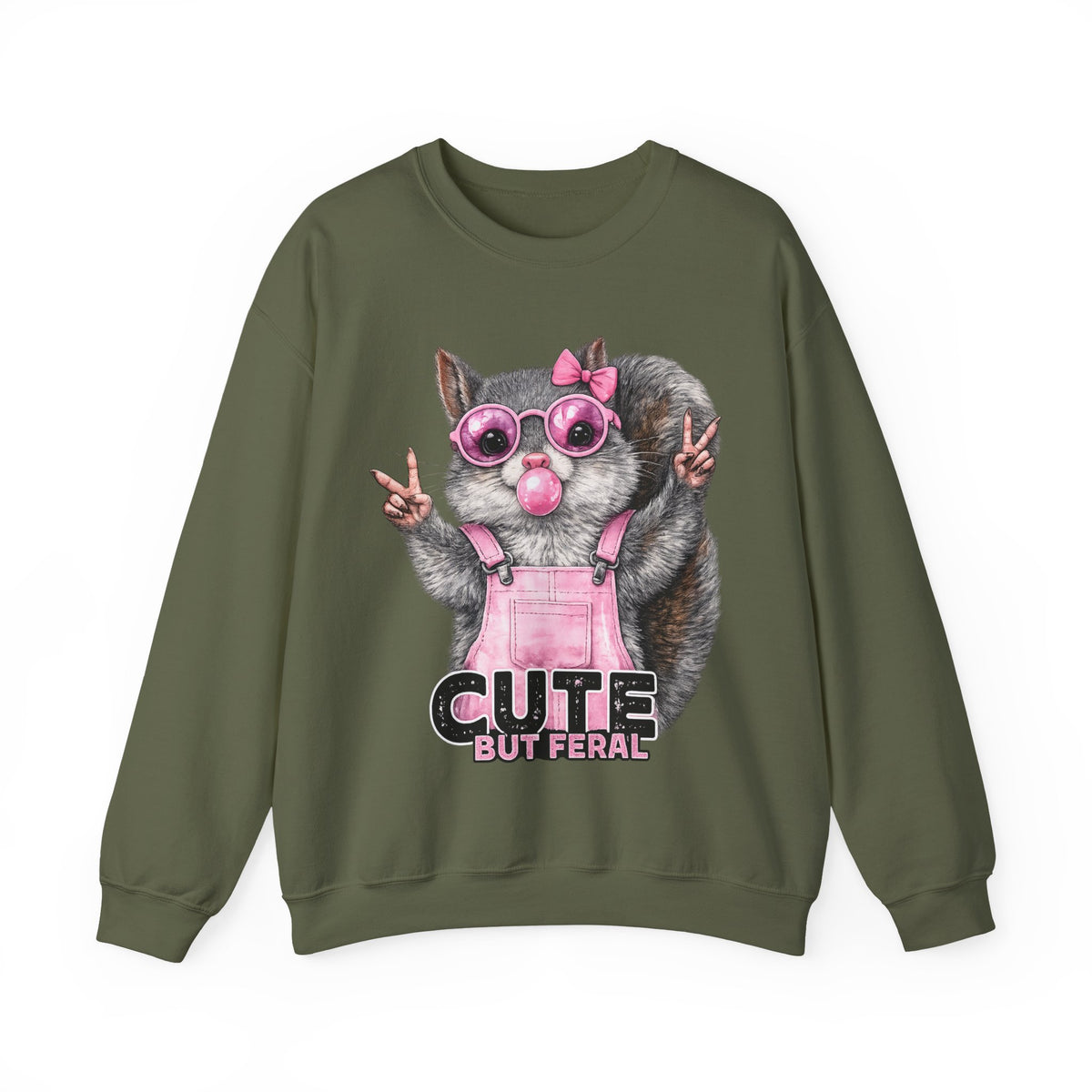 Cute But Feral, Squirrel in Pink Bibs – Gildan Heavy Blend | Trendy Women’s Soft Sweatshirt. Direct to Garment. Printed & Shipped in the USA. Unisex Sizes.