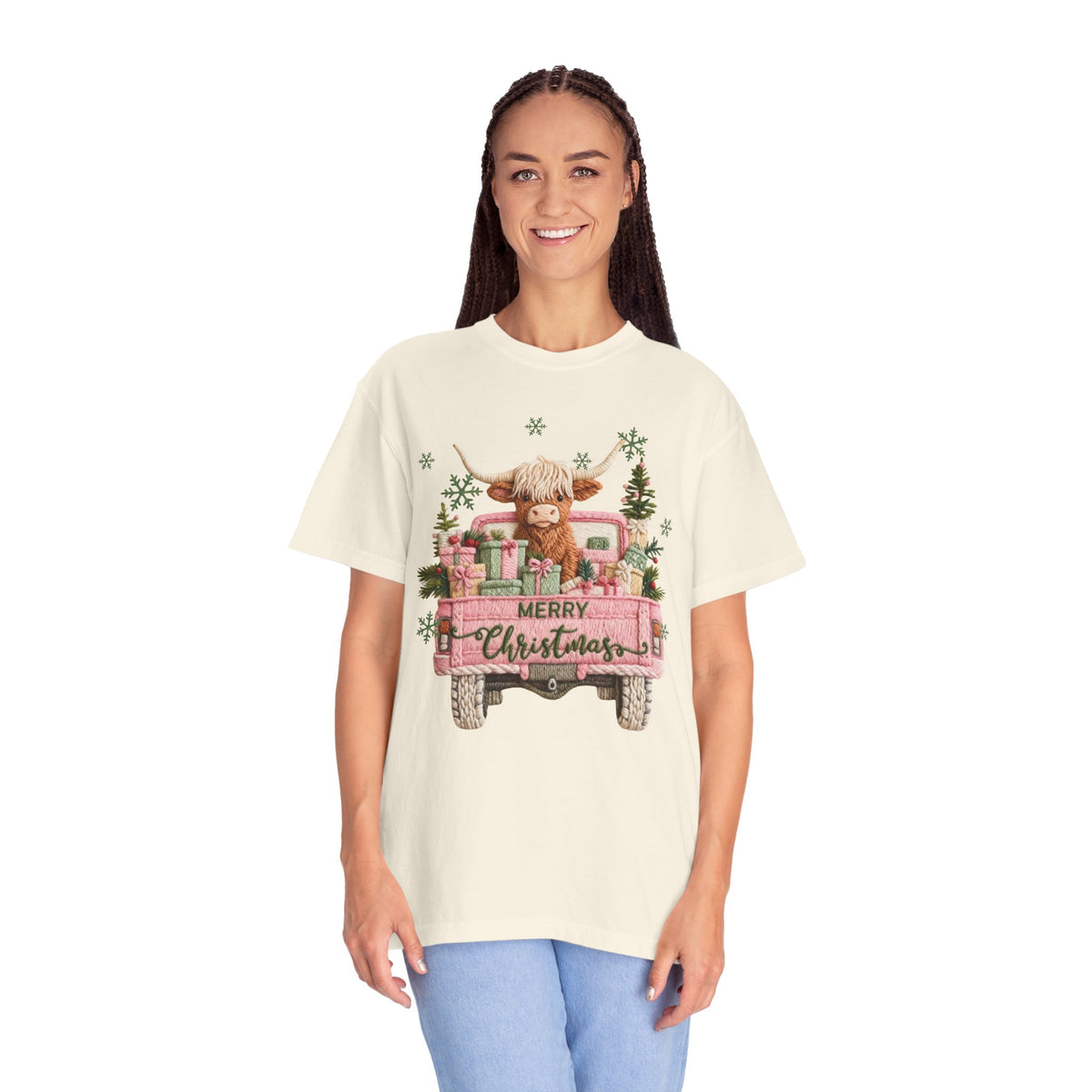 Highland Cow in Pink Truck Merry Christmas Holiday Farmhouse - Comfort Colors | Trendy Women's T-Shirt. Direct to Garment. Printed & Shipped in the USA. Unisex Sizes.