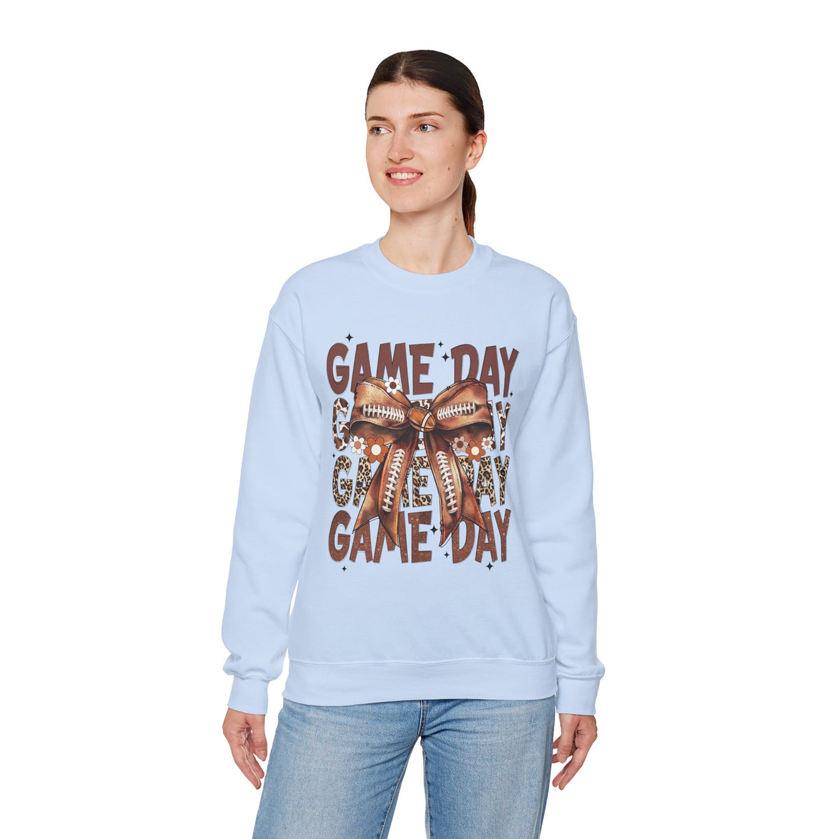 Game Day - Football Bow – Gildan Heavy Blend | Trendy Women’s Soft Sweatshirt. Direct to Garment. Printed & Shipped in the USA. Unisex Sizes.