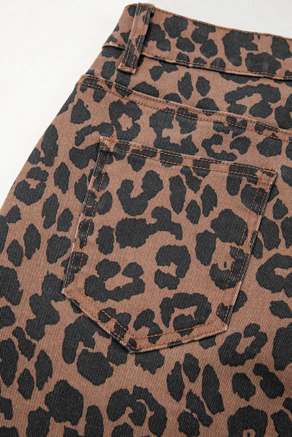 Brown Leopard Frayed-Bottom Denim Skirt with Slit