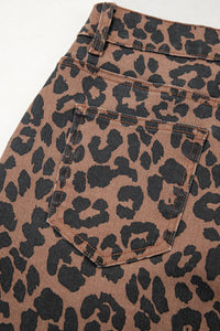 Brown Leopard Frayed-Bottom Denim Skirt with Slit