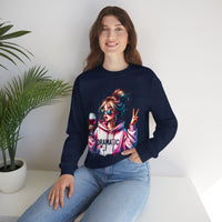 Dramatic Girl With Wine Messy Bun Peace Sign – Gildan Heavy Blend | Trendy Women’s Soft Sweatshirt. Direct to Garment. Printed & Shipped in the USA. Unisex Sizes.