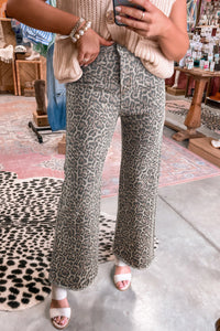 High-Rise Brown Leopard Frayed Edge Wide Leg Jeans