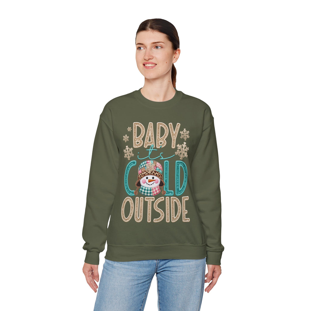 Baby It's Cold Outside Snowman – Gildan Heavy Blend | Trendy Women’s Soft Sweatshirt. Direct to Garment. Printed & Shipped in the USA. Unisex Sizes.