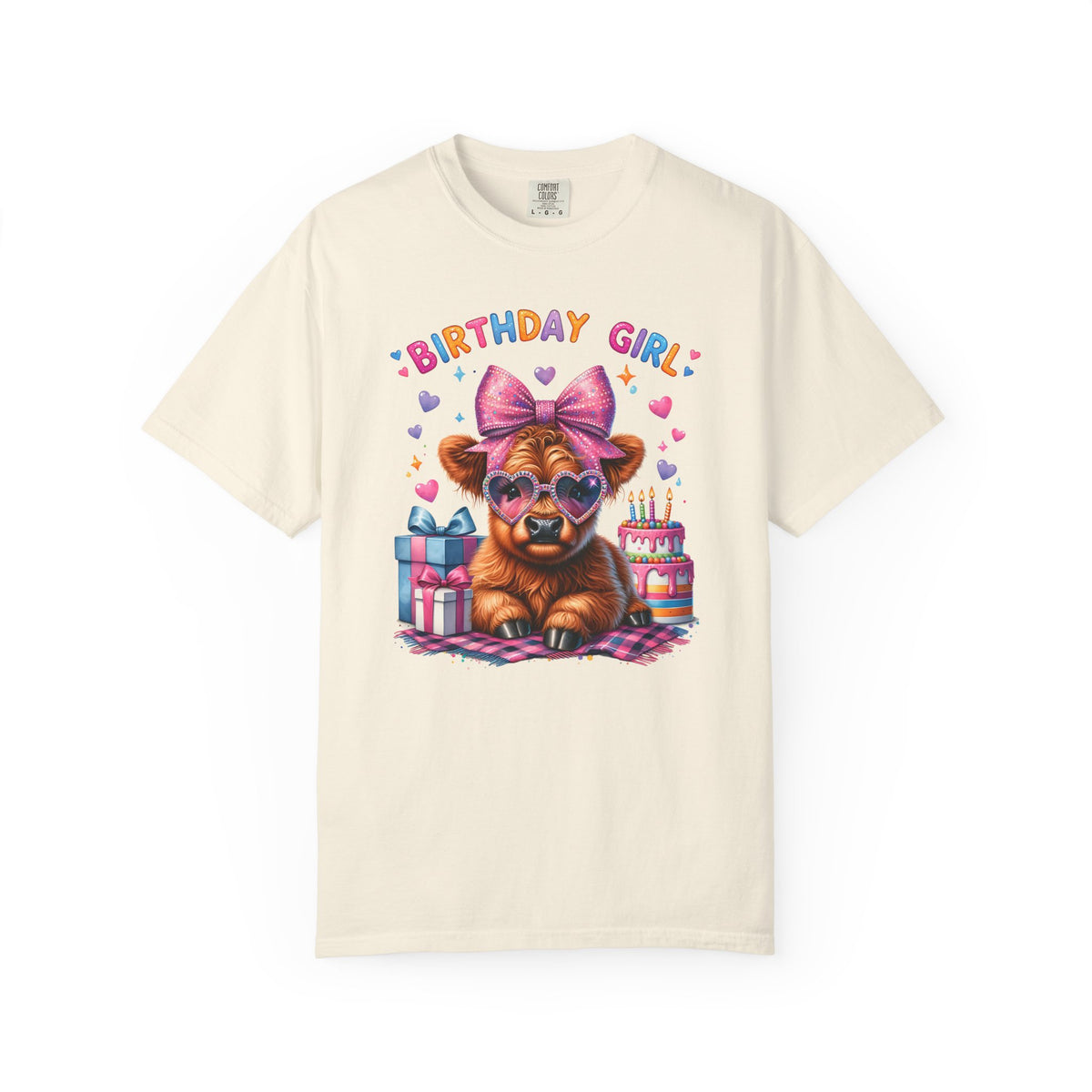 Birthday Girl, Highland Cow - Comfort Colors | Trendy Women's T-Shirt. Direct to Garment. Printed & Shipped in the USA. Unisex Sizes.