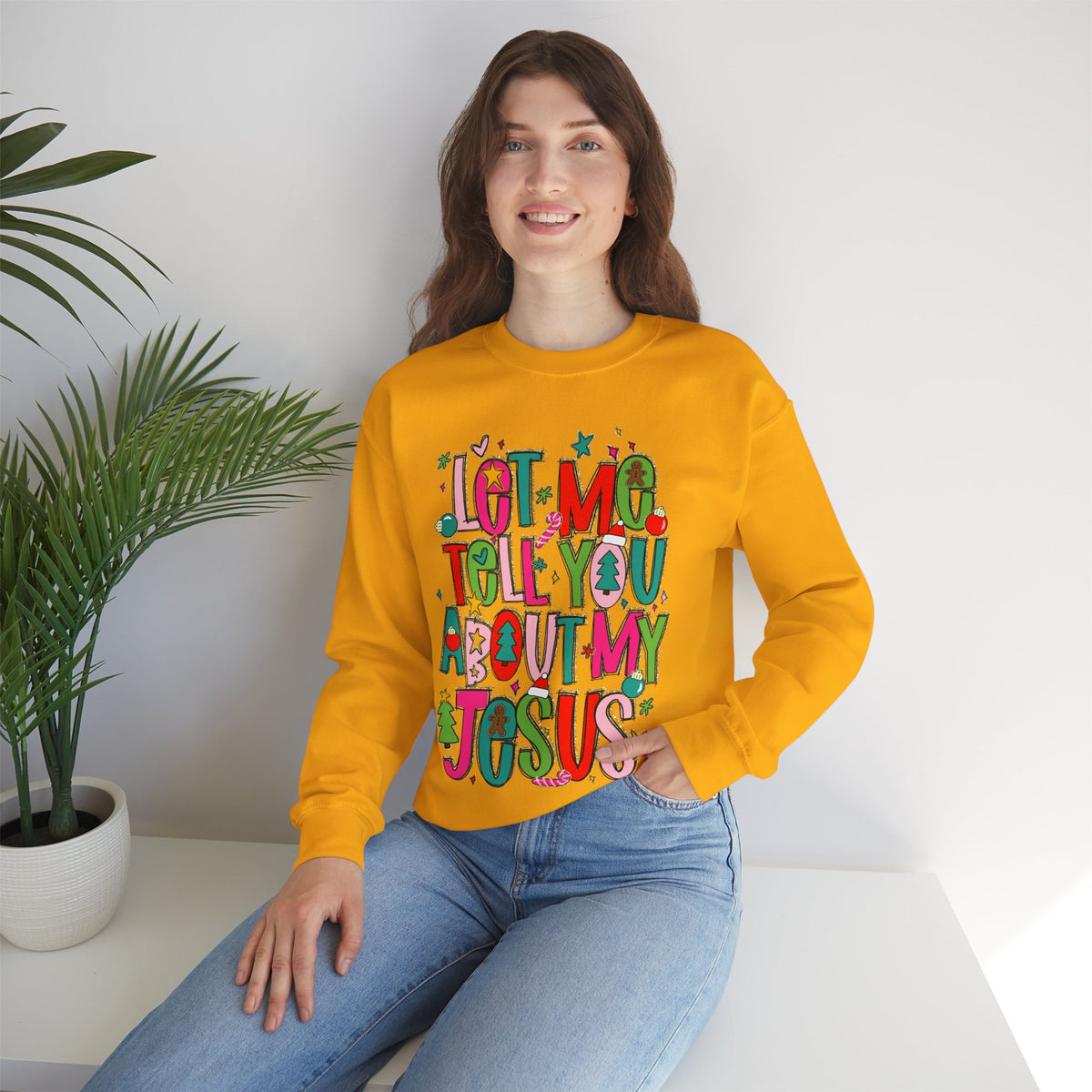 Let Me Tell You About My Jesus - Christmas Faith – Gildan Heavy Blend | Trendy Women’s Soft Sweatshirt. Direct to Garment. Printed & Shipped in the USA. Unisex Sizes.