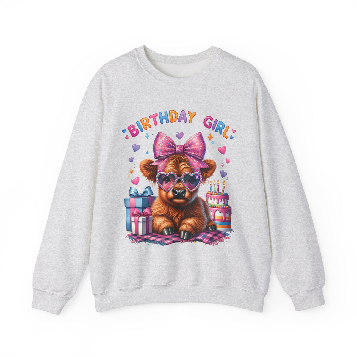 Birthday Girl, Highland Cow – Gildan Heavy Blend | Trendy Women’s Soft Sweatshirt. Direct to Garment. Printed & Shipped in the USA. Unisex Sizes.