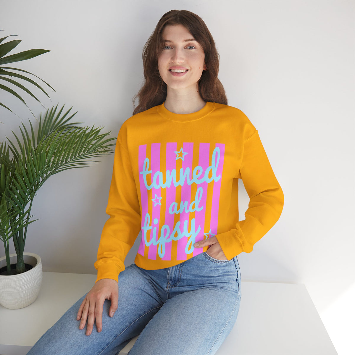 Tanned and Tipsy – Gildan Heavy Blend | Trendy Women’s Soft Sweatshirt. Direct to Garment. Printed & Shipped in the USA. Unisex Sizes.