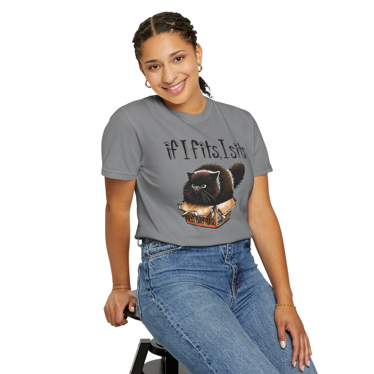 If I Fits I Sits, Cat in a Box - Comfort Colors | Trendy Women's and Men's T-Shirt. Direct to Garment. Printed & Shipped in the USA. Unisex Sizes.