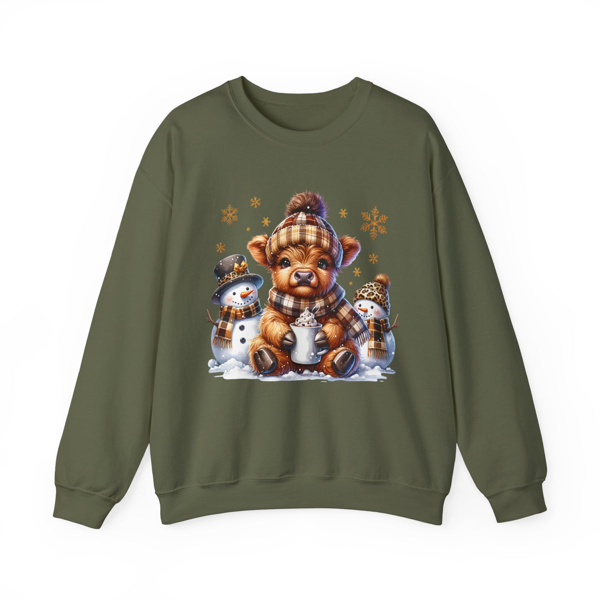 Cute Highland Cow with Snowmen, Winter – Gildan Heavy Blend | Trendy Women’s Soft Sweatshirt. Direct to Garment. Printed & Shipped in the USA. Unisex Sizes.