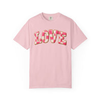 Faux Crochet Checkered LOVE - Comfort Colors | Trendy Women's T-Shirt. Direct to Garment. Printed & Shipped in the USA. Unisex Sizes.
