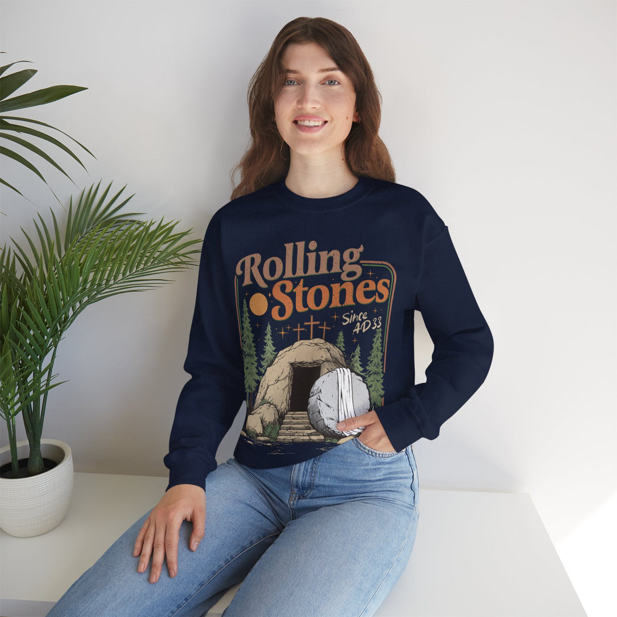 Rolling Stones "Since AD33" Easter Empty Tomb Christian – Gildan Heavy Blend | Trendy Men's and Women’s Soft Sweatshirt. Direct to Garment. Printed & Shipped in the USA. Unisex Sizes.