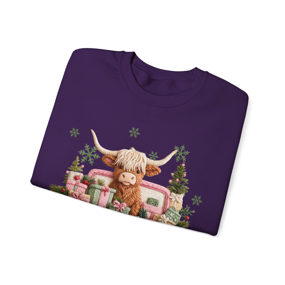Highland Cow in Pink Truck Merry Christmas Holiday Farmhouse – Gildan Heavy Blend | Trendy Women’s Soft Sweatshirt. Direct to Garment. Printed & Shipped in the USA. Unisex Sizes.