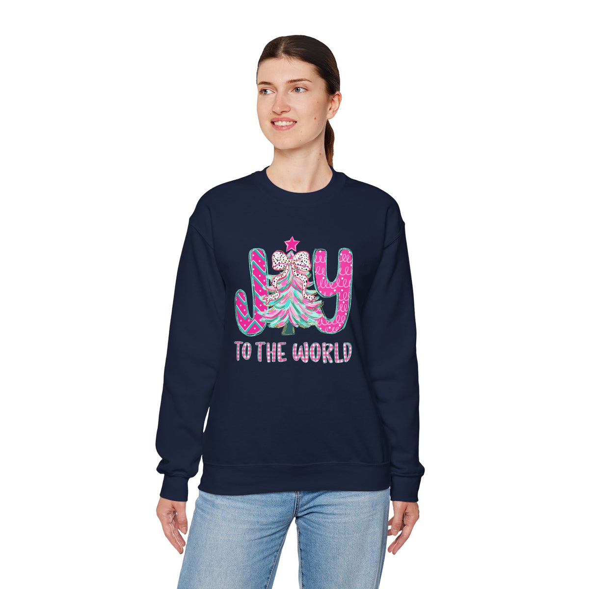 Joy to the World w/Christmas Tree Pink and Teal – Gildan Heavy Blend | Trendy Women’s Soft Sweatshirt. Direct to Garment. Printed & Shipped in the USA. Unisex Sizes.