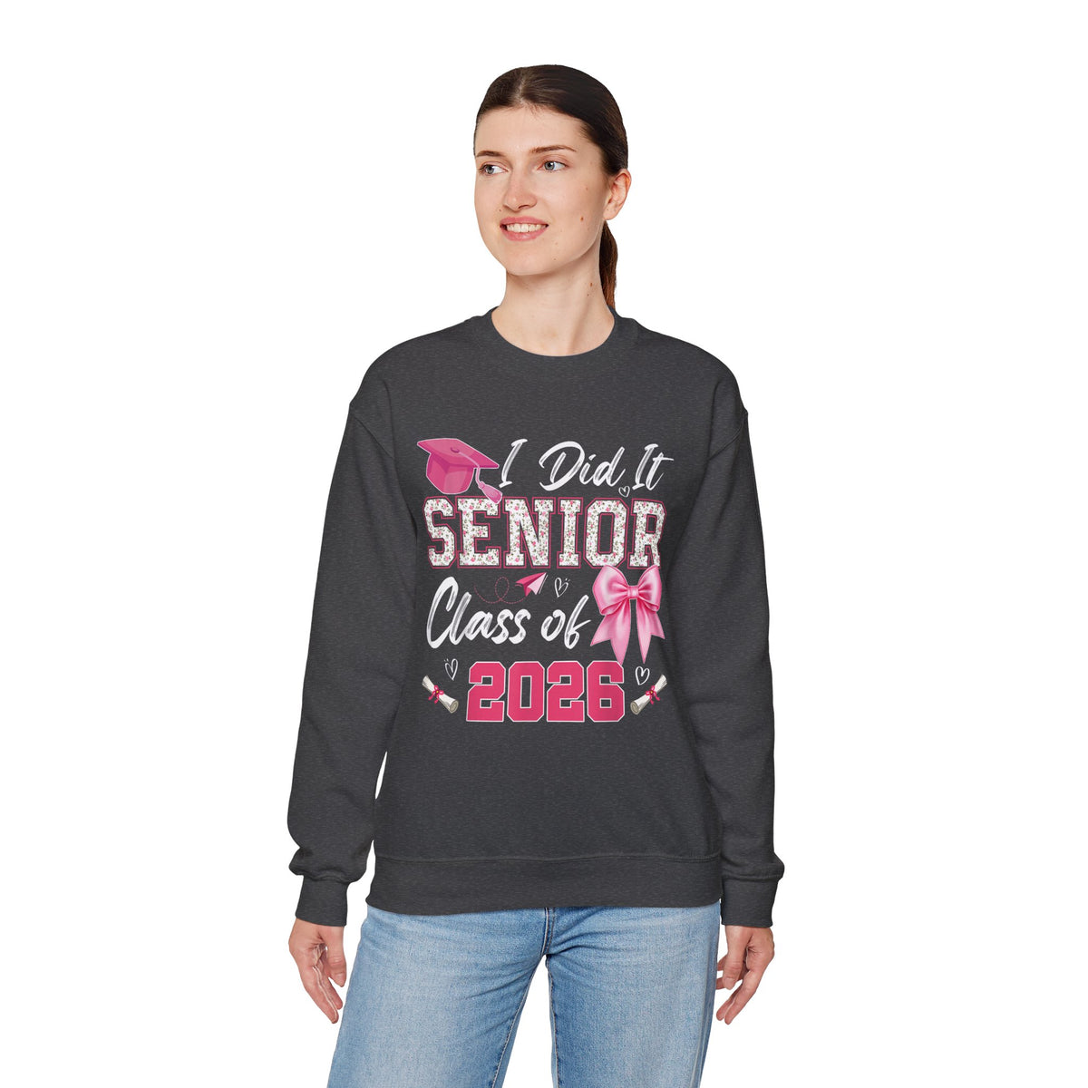 Class of 2026 I Did It Senior Coquette Bow Graduation – Gildan Heavy Blend | Trendy Women’s Soft Sweatshirt. Direct to Garment. Printed & Shipped in the USA. Unisex Sizes.