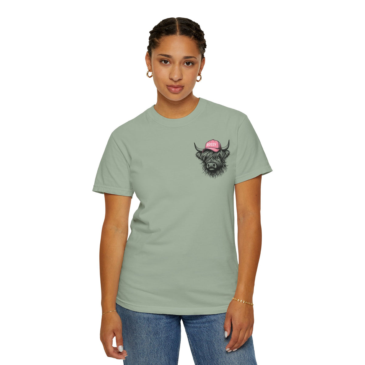 Head Heffa Highland Cow, Front & Back Print - Comfort Colors | Trendy Women's T-Shirt. Direct to Garment. Printed & Shipped in the USA. Unisex Sizes.