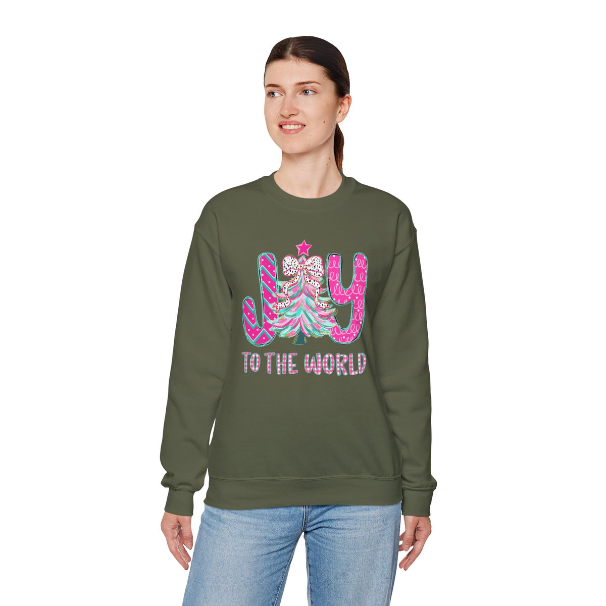 Joy to the World w/Christmas Tree Pink and Teal – Gildan Heavy Blend | Trendy Women’s Soft Sweatshirt. Direct to Garment. Printed & Shipped in the USA. Unisex Sizes.