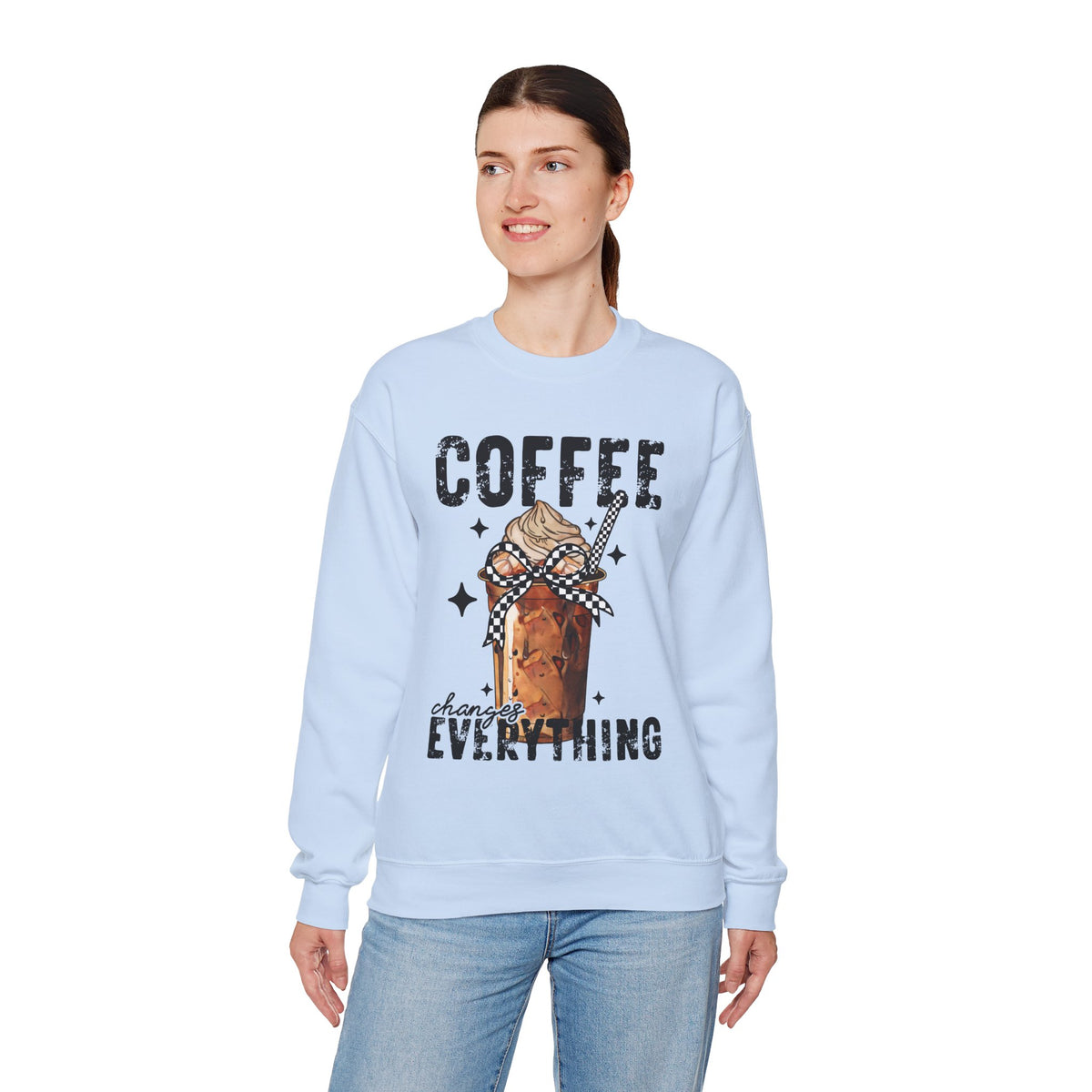 Coffee Changes Everything, Iced Coffee, Coffee Lovers – Gildan Heavy Blend | Trendy Women’s Soft Sweatshirt. Direct to Garment. Printed & Shipped in the USA. Unisex Sizes.