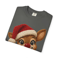 Cute Rudolph Faux Knit Look Reindeer w/Santa Hat - Comfort Colors | Trendy Women's T-Shirt. Direct to Garment. Printed & Shipped in the USA. Unisex Sizes.