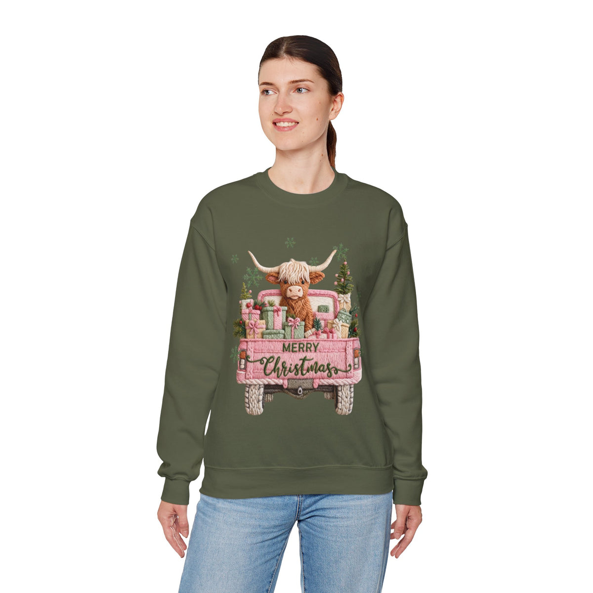 Highland Cow in Pink Truck Merry Christmas Holiday Farmhouse – Gildan Heavy Blend | Trendy Women’s Soft Sweatshirt. Direct to Garment. Printed & Shipped in the USA. Unisex Sizes.
