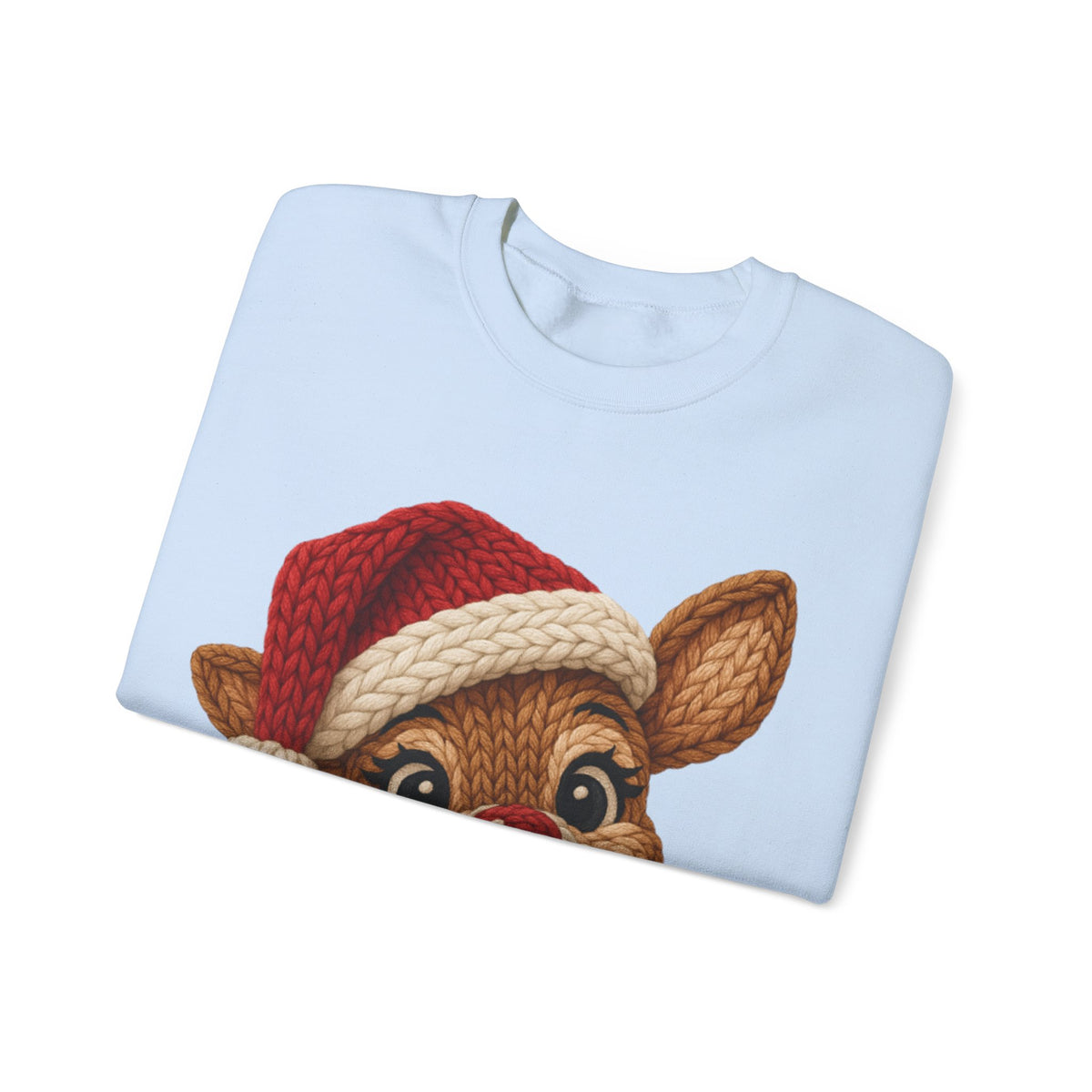 Cute Rudolph Faux Knit Look Reindeer w/Santa Hat – Gildan Heavy Blend | Trendy Women’s Soft Sweatshirt. Direct to Garment. Printed & Shipped in the USA. Unisex Sizes.