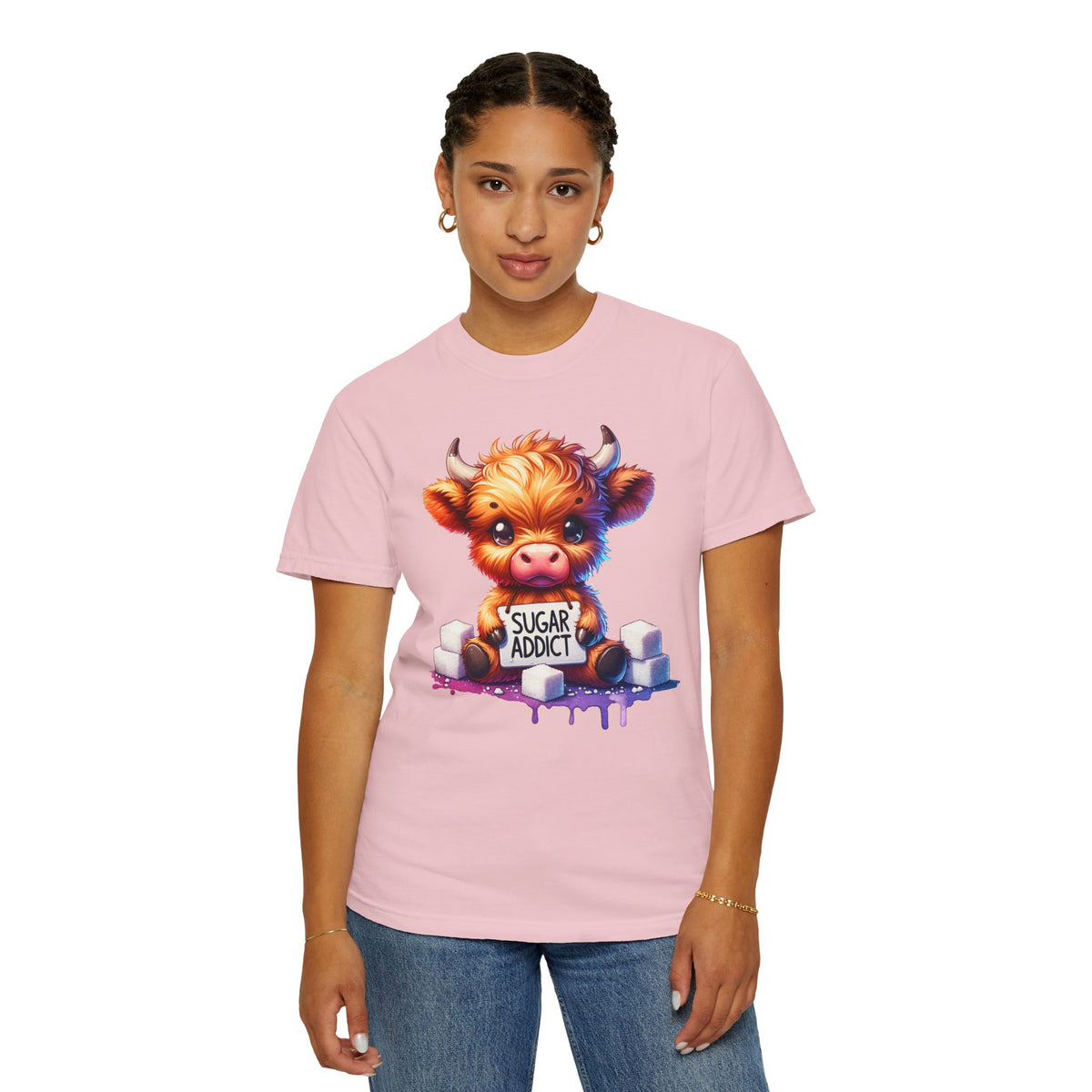 Sugar Addict Highland Cow - Comfort Colors | Trendy Women's T-Shirt. Direct to Garment. Printed & Shipped in the USA. Unisex Sizes.
