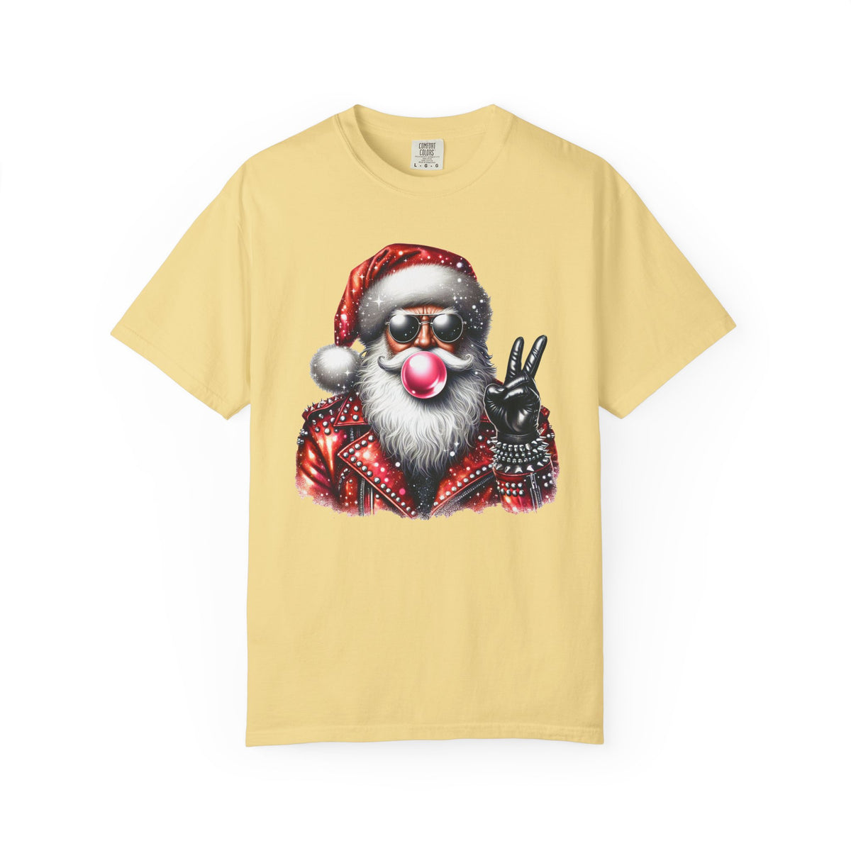 Biker Santa Leather Jacket Bubblegum - Comfort Colors | Trendy Women's and Men's T-Shirt. Direct to Garment. Printed & Shipped in the USA. Unisex Sizes.