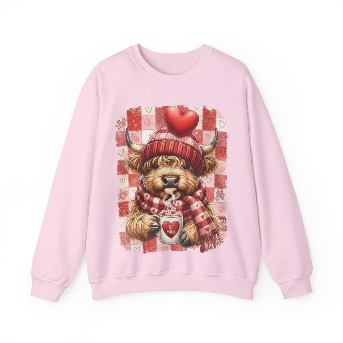 Highland Cow Be Mine, Red Checkered – Gildan Heavy Blend | Trendy Women’s Soft Sweatshirt. Direct to Garment. Printed & Shipped in the USA. Unisex Sizes.