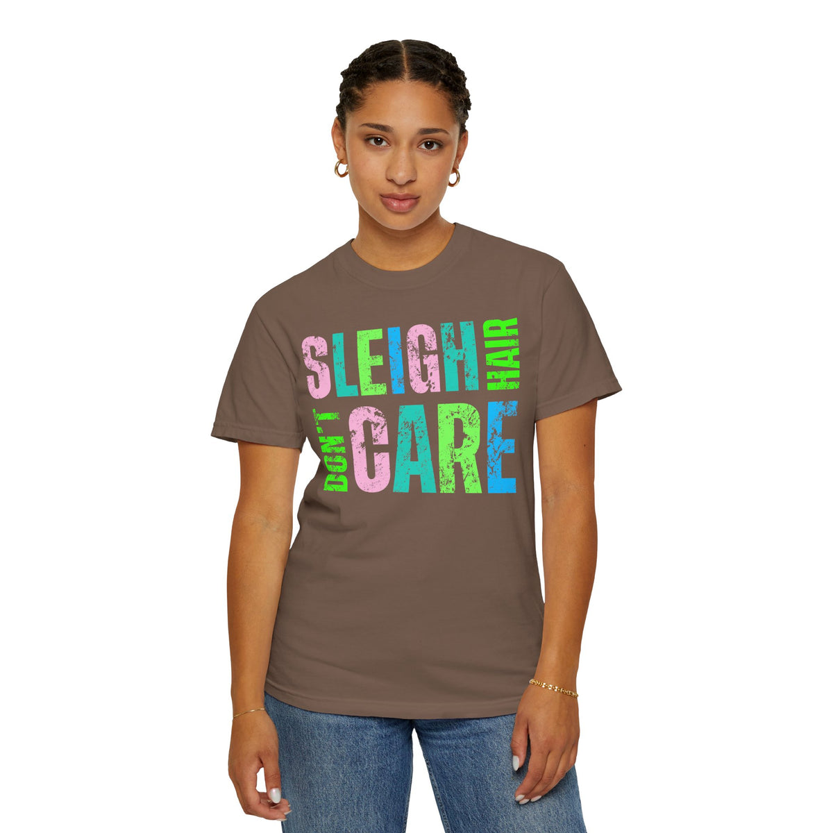 Sleigh Hair Don't Care, Funny Christmas Graphic Tee - Comfort Colors | Trendy Women's T-Shirt. Direct to Garment. Printed & Shipped in the USA. Unisex Sizes.