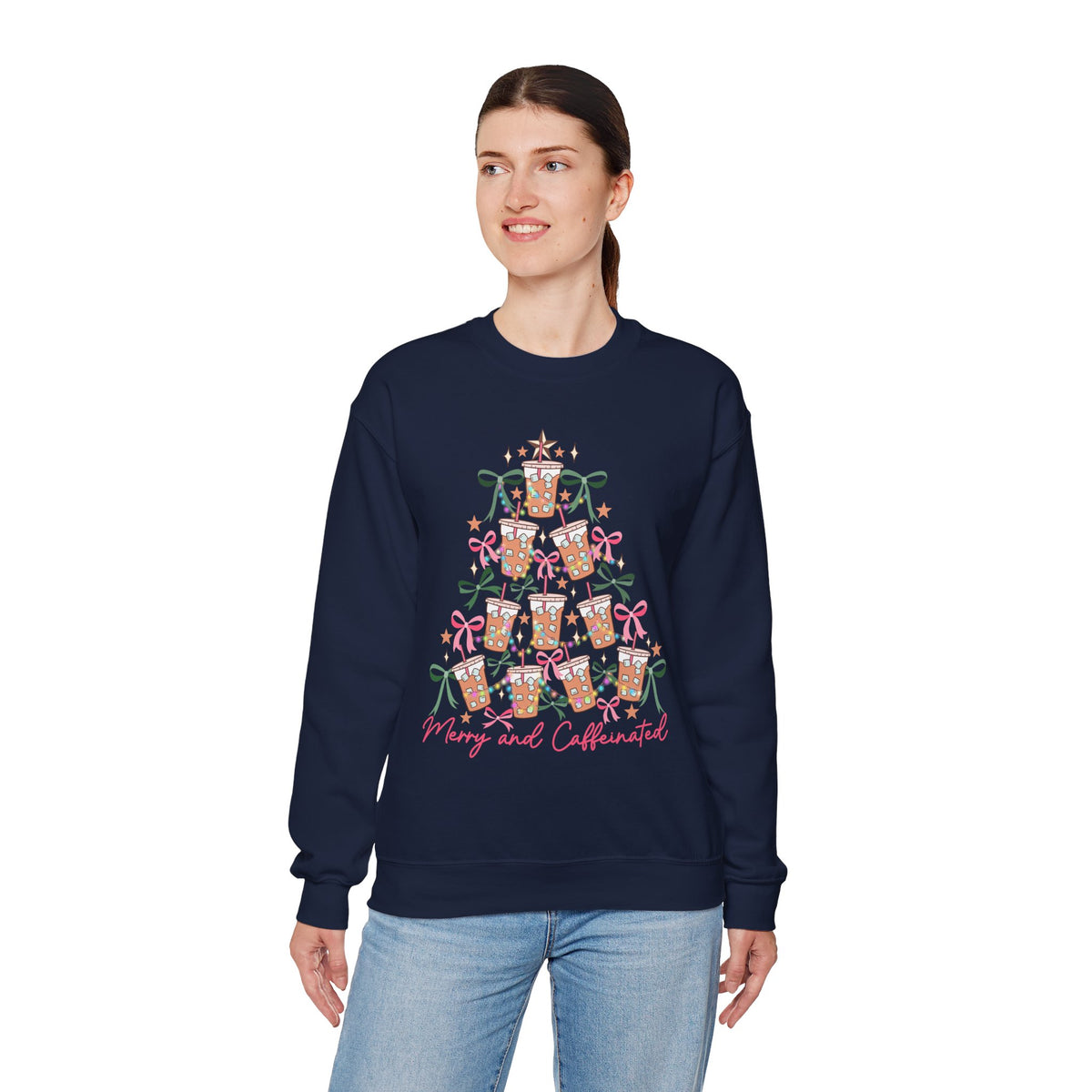 Merry and Caffeinated Iced Coffee Christmas Tree – Gildan Heavy Blend | Trendy Women’s Soft Sweatshirt. Direct to Garment. Printed & Shipped in the USA. Unisex Sizes.