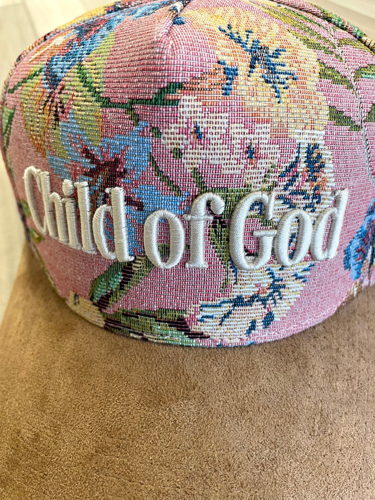 Embroidered (Pink Floral) Child of God Ribbed Snapback Hat