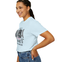 Just a Mama Out Here Trying Not To Raise Assholes - Comfort Colors | Trendy Women's T-Shirt. Direct to Garment. Printed & Shipped in the USA. Unisex Sizes.