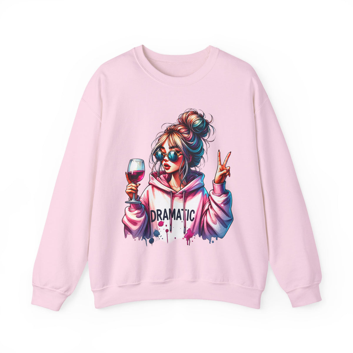 Dramatic Girl With Wine Messy Bun Peace Sign – Gildan Heavy Blend | Trendy Women’s Soft Sweatshirt. Direct to Garment. Printed & Shipped in the USA. Unisex Sizes.