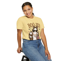 BooJee Ghost with Coffee - Halloween - Comfort Colors | Trendy Women's T-Shirt. Direct to Garment. Printed & Shipped in the USA. Unisex Sizes.