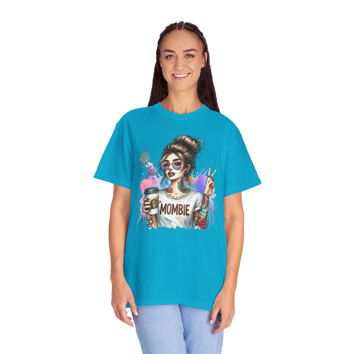 Cool Mombie with Coffee Peace Tattoo - Comfort Colors | Trendy Women's T-Shirt. Direct to Garment. Printed & Shipped in the USA. Unisex Sizes.