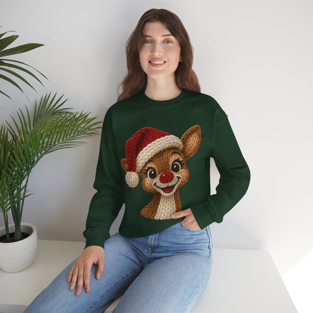 Cute Rudolph Faux Knit Look Reindeer w/Santa Hat – Gildan Heavy Blend | Trendy Women’s Soft Sweatshirt. Direct to Garment. Printed & Shipped in the USA. Unisex Sizes.