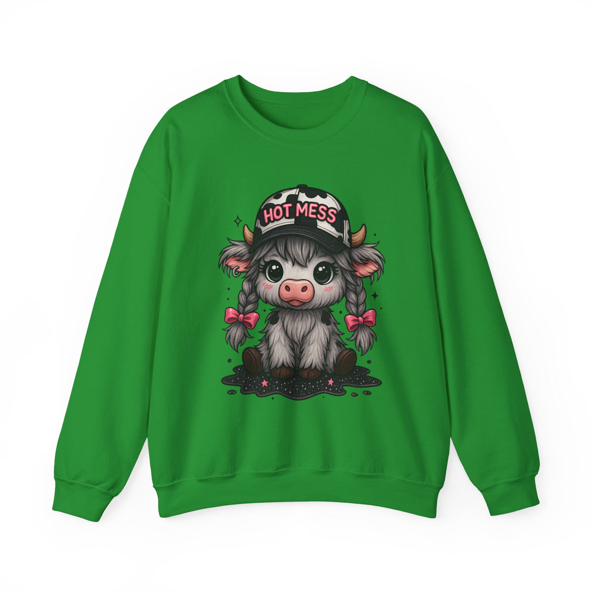 Cute Highland Cow 'Hot Mess' In Braids – Gildan Heavy Blend | Trendy Women’s Soft Sweatshirt. Direct to Garment. Printed & Shipped in the USA. Unisex Sizes.