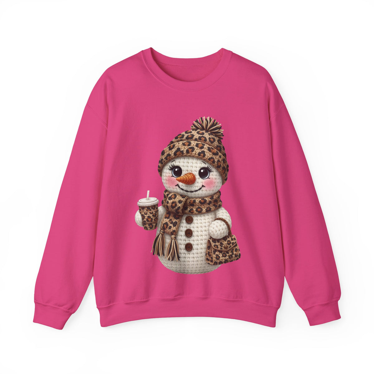 Leopard Snowman - Leopard Purse, Drink, Hat & Scarf – Gildan Heavy Blend | Trendy Women’s Soft Sweatshirt. Direct to Garment. Printed & Shipped in the USA. Unisex Sizes.