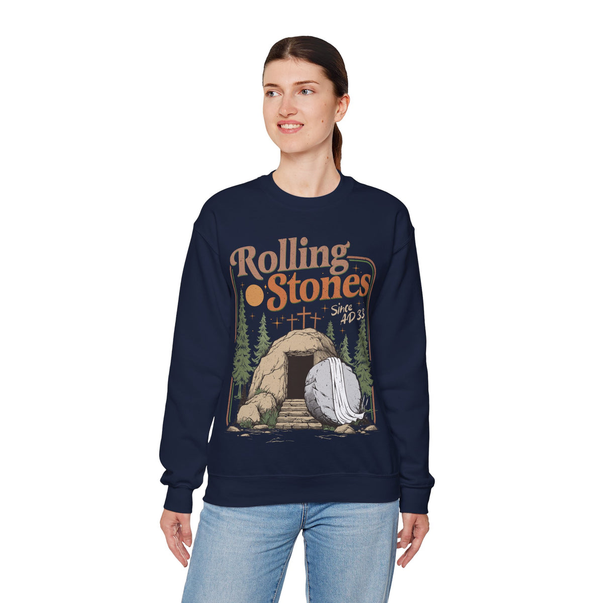 Rolling Stones "Since AD33" Easter Empty Tomb Christian – Gildan Heavy Blend | Trendy Men's and Women’s Soft Sweatshirt. Direct to Garment. Printed & Shipped in the USA. Unisex Sizes.