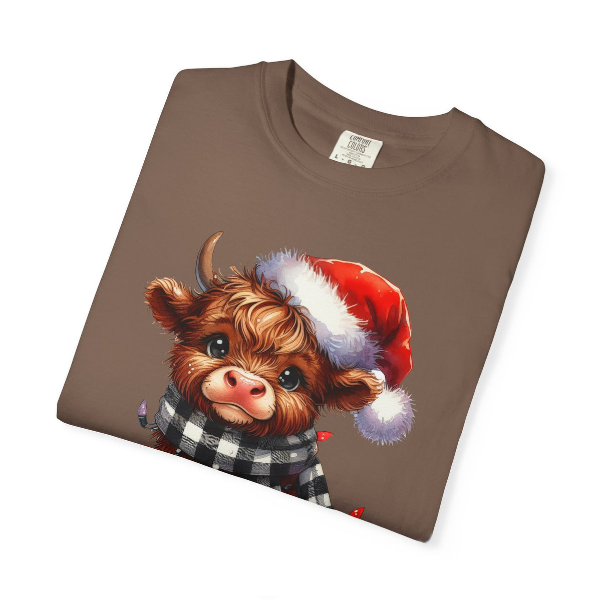 Cute Highland Cow Santa Hat Scarf Christmas Lights - Comfort Colors | Trendy Unisex T-Shirt. Direct to Garment. Printed & Shipped in the USA. Unisex Sizes.