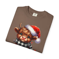 Cute Highland Cow Santa Hat Scarf Christmas Lights - Comfort Colors | Trendy Unisex T-Shirt. Direct to Garment. Printed & Shipped in the USA. Unisex Sizes.