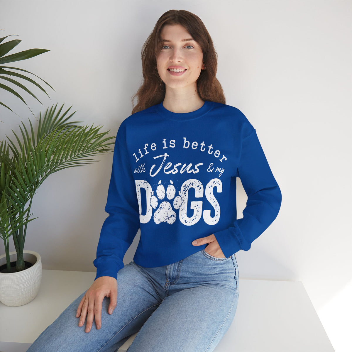 Life is Better With Jesus and My Dogs – Gildan Heavy Blend | Trendy Women’s and Men's Soft Sweatshirt. Direct to Garment. Printed & Shipped in the USA. Unisex Sizes.